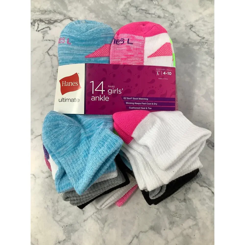 Hanes Ultimate Girls' Large 14-Pack Assorted Moisture Wicking Ankle Socks K34-28